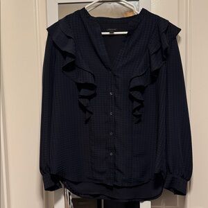 Ann Taylor Navy Ruffle Front Blouse